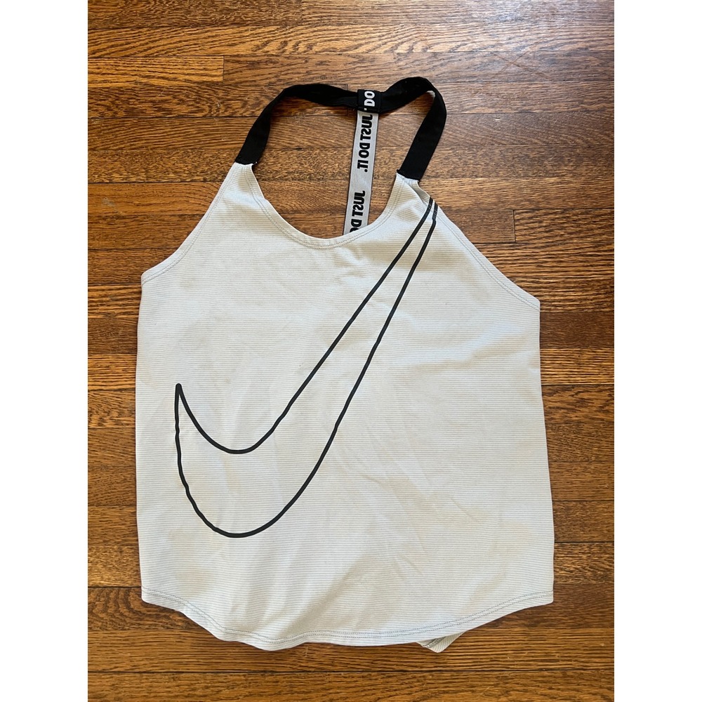 Nike Dri-FIT Womens Just Do It Racerback Tank Top Grey Black Swoosh Small